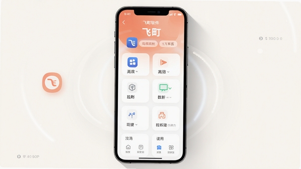 飞町软件主界面预览图，画面主体为飞町APP在手机屏幕上的运行界面，浅色背景，图标清晰，功能模块排列整齐，周围有柔和的阴影和光晕效果，整体风格现代简约，体现高效与便捷，竖版构图适合移动端展示