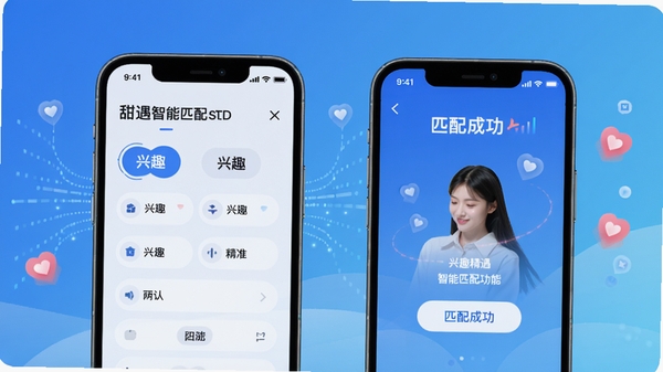 甜遇智能匹配功能界面截图风格展示，画面展示两部手机并排，屏幕上是兴趣标签选择界面和匹配成功动画，背景是清新的渐变蓝色，有数据流和心形图标元素，突出算法的精准与科技感，整体画面简洁现代。
