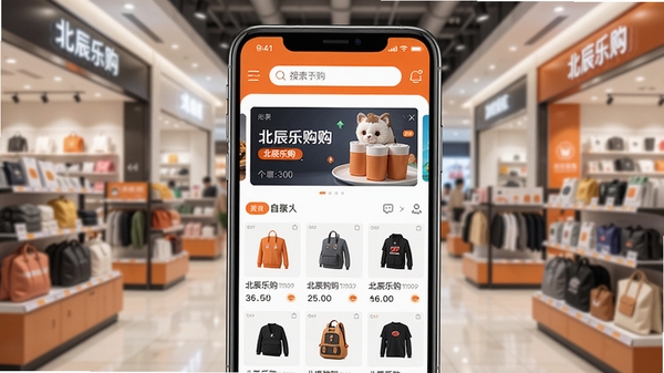北辰乐购APP主界面展示,画面中央是手机屏幕特写,屏幕内清晰显示北辰乐购的首页布局,上方搜索栏,中间是轮播广告图,下方是商品瀑布流,整体色调以橙色和白色为主,背景是模糊的现代购物中心室内环境,光线明亮,商品展示架作为背景元素,营造出热闹、便捷的移动购物氛围,高清,8K,商业摄影风格