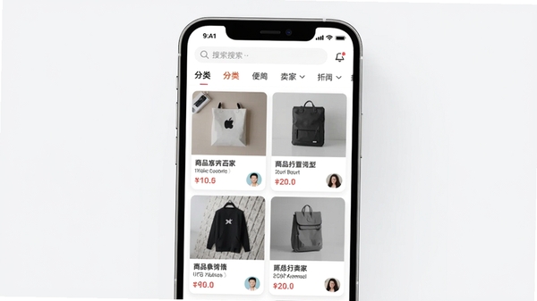 二手交易闲置软件主界面预览图，画面中心展示手机App首页，顶部有搜索栏和分类导航，下方是商品瀑布流列表，商品卡片清晰显示物品图片、标题、价格和卖家头像，背景为浅灰色，整体风格简洁明亮，突出二手交易主题