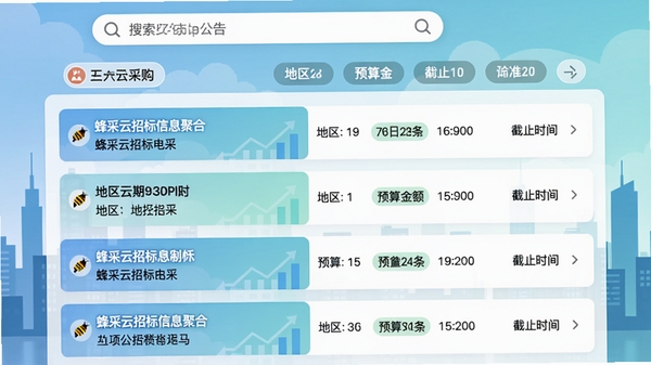 蜂采云招标信息聚合功能界面截图，显示多条采购公告列表，每条公告包含标题、地区、预算金额、截止时间，界面采用卡片式布局，配有搜索栏和筛选标签，背景为城市建筑剪影，整体色调清新，突出信息推送的及时性与精准性