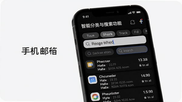 手机邮箱免费管理智能分类与搜索功能示意,手机界面展示邮件分类标签栏,搜索框输入关键词,下方显示匹配结果,背景简洁,突出搜索效率