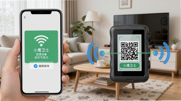 小鹰卫士连接设备示意图，手机扫描记录仪屏幕上的二维码，周围有Wi-Fi信号图标，背景为家庭客厅场景，画面清晰，突出连接成功的提示界面