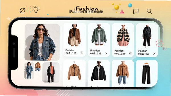 iFashion智能穿搭推荐功能界面,手机屏幕上展示用户上传的衣物照片,系统生成多套搭配方案,服装单品以卡片形式排列,背景为简约的纯色背景,搭配时尚元素,画面清晰,色彩鲜艳,突出AI智能与个性化服务,整体风格现代简洁