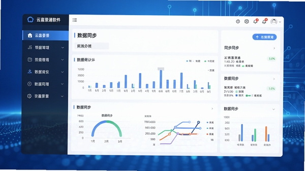 云嘉景通软件主界面预览图，展示其简洁大气的UI设计，左侧为功能导航栏，右侧为数据同步面板，背景为现代科技感蓝色渐变，界面元素清晰明亮，整体风格专业且友好，分辨率1920x1080，高清渲染