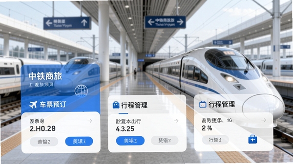 中铁商旅app主界面预览图，展示差旅首页、车票预订、行程管理三大核心功能模块，界面采用蓝白商务风格，背景为高铁站台，整体清晰明亮