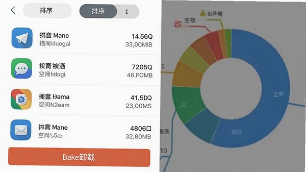 高效空间清理的应用管理界面,以列表形式展示手机中各应用的图标、名称和占用空间大小,顶部有排序标签,底部有批量卸载按钮,背景是手机存储空间饼图,画面风格清晰直观,突出管理的高效性