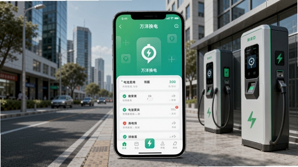 万洋换电app界面预览图，画面中央展示手机应用主界面，背景为城市街道与智能换电柜，整体风格现代简约，突出电池更换与绿色出行主题