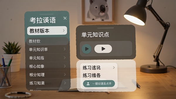 考拉英语App的同步课堂界面，显示教材版本选择列表和单元知识点，有播放按钮和练习题目，背景是整洁的书桌和台灯，风格写实清晰