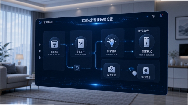 家翼e家智能场景设置界面,展示“回家模式”的触发条件和执行动作流程,背景为科技感十足的深蓝色界面,包含设备图标和连线,视觉上体现自动化与智能联动,画面具有层次感