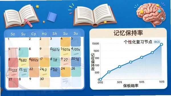 超会记单词智能记忆曲线图表展示,画面左侧为日历复习计划,右侧是记忆保持率折线图,色彩明快,突出个性化复习节点安排,背景有书本和大脑的插画元素