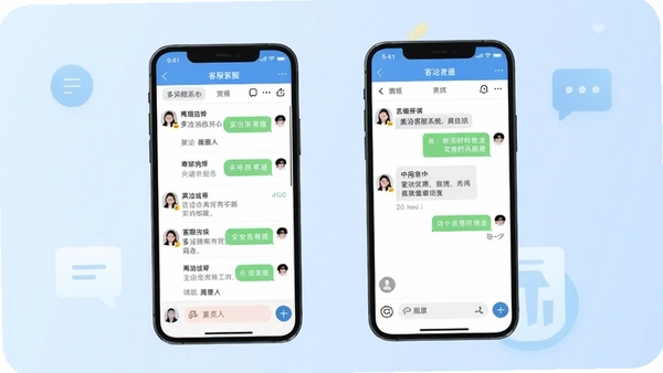 美洽客服系统主界面预览图，画面中央展示手机端的会话列表与聊天窗口，背景为浅蓝色商务风格，突出多渠道消息整合与实时沟通的核心功能，界面清晰明亮，适配Boogu模型生成