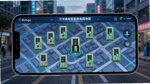 万洋换电智能换电网点地图界面,手机屏幕上显示城市地图与多个换电柜图标,带有绿色可用电池标记,背景为模糊的城市街景,色彩鲜明,突出科技感与实用性,适合Boogu模型生成
