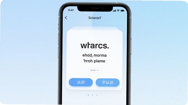 超会记单词软件主界面预览图,展示单词卡片学习模式,背景为简约的浅蓝色渐变,界面中央是清晰的单词和释义,下方有认识与不认识两个按钮,整体风格清新现代,适配手机竖屏展示