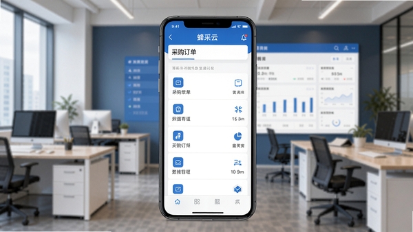 蜂采云软件主界面展示图，画面中央显示手机端采购订单列表，背景为模糊的办公室环境，界面以蓝白为主色调，突出数据看板与功能图标布局