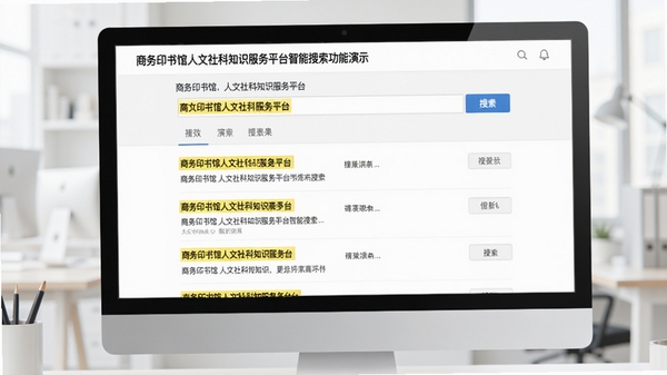 商务印书馆人文社科知识服务平台智能搜索功能演示，屏幕显示输入关键词后的检索结果列表，关键词高亮标黄，背景为简洁的搜索结果页面，风格干净明亮，突出其高效检索的特点