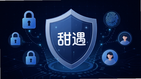 甜遇隐私保护功能示意图，画面中央是一个巨大的盾牌图标，盾牌上带有甜遇的logo，周围环绕着锁、指纹和用户头像等元素，背景是深蓝色科技感网格，整体色调沉稳，传达安全可靠的视觉感受。