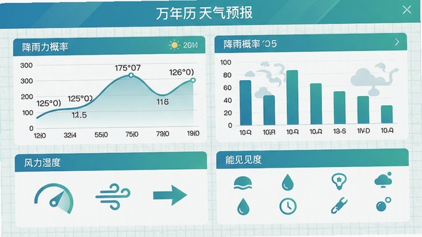 扁平化信息图风格,展示万年历天气预报软件的气象数据可视化界面,画面中包括温度曲线图、降雨概率柱状图、风力风向指示箭头以及湿度、能见度等小图标,整体以蓝绿色系为主,背景为淡雅网格纸纹理,数据面板排列整齐,风格简洁、科技感强,突出软件预报功能全面、数据精准的特点,画面干净无文字水印。