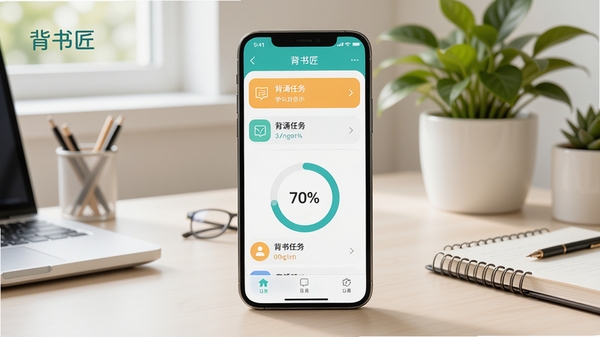 背书匠软件主界面全貌展示,画面中央是一部智能手机,屏幕显示着色彩明亮的背诵任务列表和进度环,背景是干净整洁的书桌与绿植,整体风格清新自然,突出学习辅助工具的实用性与亲和力,画面包含背书匠品牌名称