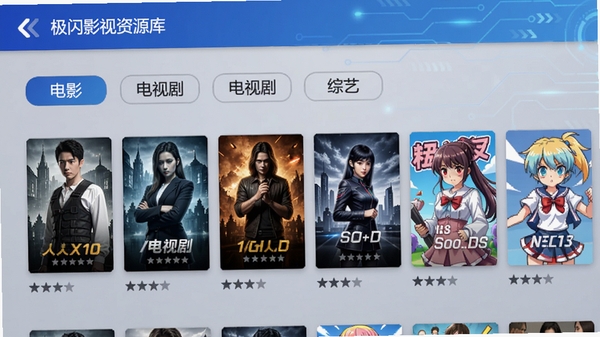 极闪影视资源库界面截图，展示分类标签如电影、电视剧、综艺、动漫，下方为横向滚动的海报墙，每张海报下方显示评分，背景为浅灰色科技感纹理，画面以蓝色调为主，突出资源的丰富与分类清晰