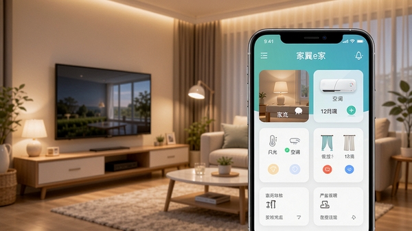 家翼e家智能家居控制软件主界面,展示客厅场景,背景是温馨的现代家居环境,前景为手机屏幕特写,屏幕中显示家翼e家APP的灯光、空调、窗帘等控制模块,界面简洁明亮,色彩清新,整体风格科技感与生活感融合,画面细节丰富,光线柔和