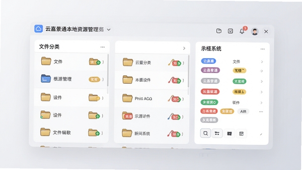 云嘉景通本地资源管理界面示意图，展示文件分类列表与标签系统，以文件夹图标和彩色标签为视觉主体，背景为浅灰色渐变，界面采用卡片式布局，整体风格清晰有序，突出高效管理的便捷性，高清UI设计图