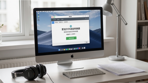 爱拍文字语音转换器在电脑桌面上运行的实拍场景，屏幕中清晰显示软件的转换完成界面，旁边有一副耳机和一份文稿，桌面整洁，光线柔和，展现软件在真实工作环境中的应用状态