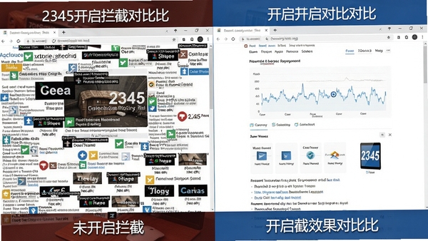 2345浏览器广告拦截效果对比图，左侧为未开启拦截时满屏广告的杂乱网页，右侧为开启拦截后干净整洁的页面内容，形成鲜明对比，突出拦截功能的强大