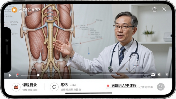 医咖会APP课程播放页面，屏幕上显示一位医学教授正在讲解解剖结构，视频下方有课程目录和笔记标注，界面清晰，画质细腻，体现专业教学氛围