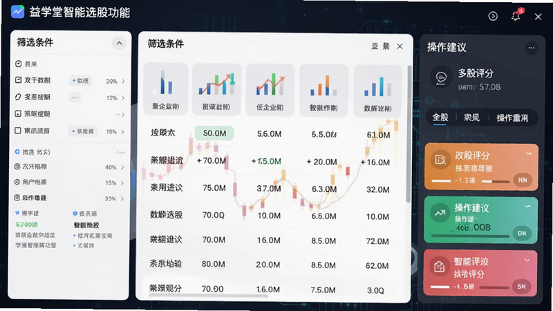 益学堂智能选股功能截图,展示筛选条件面板和结果列表,右侧有个股评分和操作建议,风格简洁商务,突出数据可视化效果