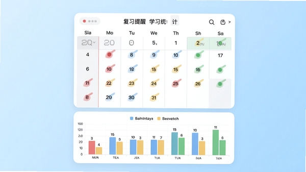 四色笔记软件的复习提醒与学习统计功能预览，画面中央显示一个日历视图，上面分布着红蓝黄绿四种颜色的提示点，下方为柱状统计图，背景是淡蓝色渐变，整体风格清新专业，突出数据可视化效果
