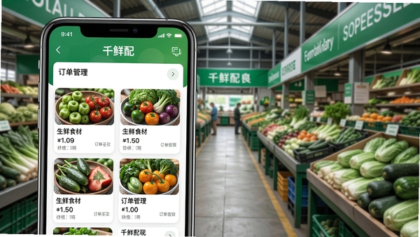 千鲜配App主界面预览图，展示生鲜食材列表、价格行情与订单管理模块，画面以清新绿色为主色调，背景为现代蔬菜批发市场，前景为手机界面特写，风格写实清晰