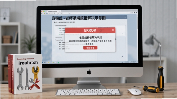 梯方在线-老师端报错解决示意图，画面中电脑屏幕显示错误提示框，旁边有工具书和螺丝刀，象征问题修复，风格写实