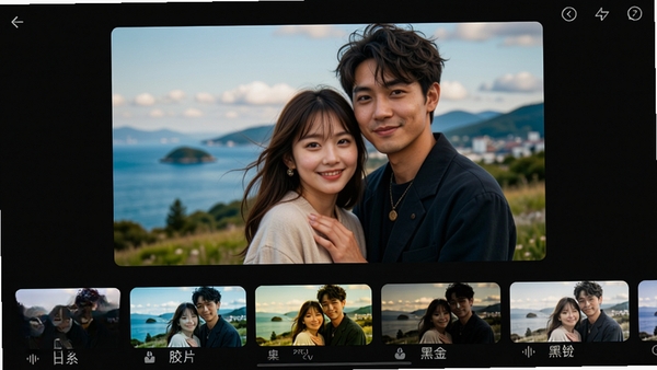 美颜修图滤镜选择界面展示图，底部横向排列着各种风格滤镜缩略图，如“日系”、“胶片”、“黑金”，中间大图预览应用滤镜后的风景人像效果，画面色彩浓郁但不失真，界面布局清晰直观，背景为深色以凸显滤镜色彩