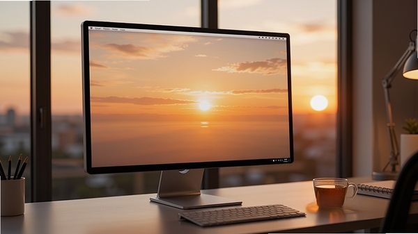 SunsetScreen软件界面预览图，一台现代办公桌上放着显示器和一杯茶，屏幕呈现暖黄色调，背景是傍晚窗外的夕阳，整体氛围温馨舒适，画面清晰，风格写实