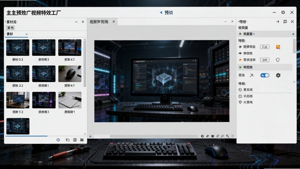 视频特效工厂主界面预览图,展示软件全貌,左侧素材库、中间预览窗口、右侧特效面板,背景为深色科技感工作台,画面清晰明亮,突出软件名称与核心功能模块
