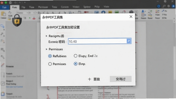 永中PDF工具集加密设置对话框，显示密码输入框与权限选项，背景为模糊的PDF文档，强调安全保护概念，风格简洁明了