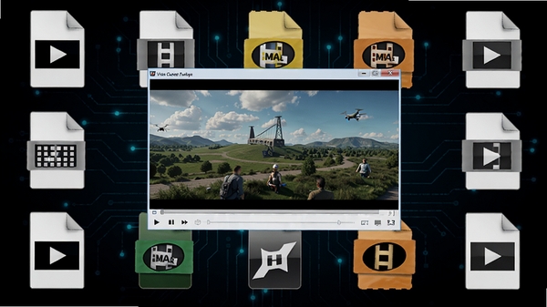 Vista Codec Package 视频解码功能示意图，画面中多种格式的影片文件图标整齐排列，中央有一个播放器窗口正在流畅播放高清画面，背景为深色科技感线条