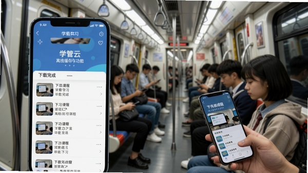 学管云离线缓存功能示意图,手机界面显示下载完成列表,背景是地铁车厢内学生正在用手机看课程,体现移动学习场景