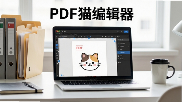 现代简约风格的办公桌场景，一台笔记本电脑屏幕显示PDF猫编辑器主界面，界面清晰展示PDF文档编辑工具栏，背景有文件夹和咖啡杯，画面明亮，细节丰富，软件名称“PDF猫编辑器”字样出现在屏幕顶部，4k，高清
