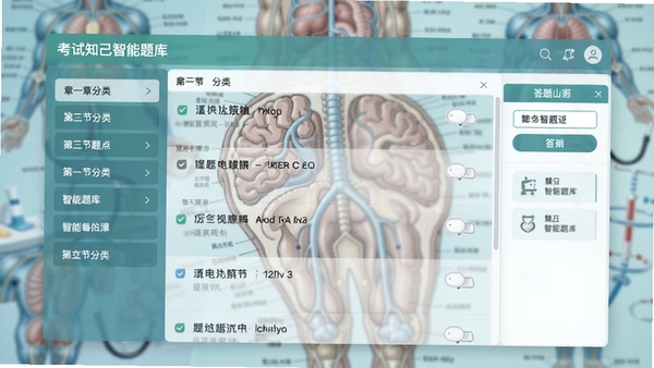 考试知己智能题库界面，左侧显示章节分类，右侧展示题目列表与答题卡，背景为模糊的医学图谱，色彩清新淡雅