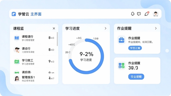 学管云主界面预览图,展示课程列表、学习进度环和作业提醒卡片,背景为淡蓝色渐变,整体风格清新简洁,突出学习管理核心功能