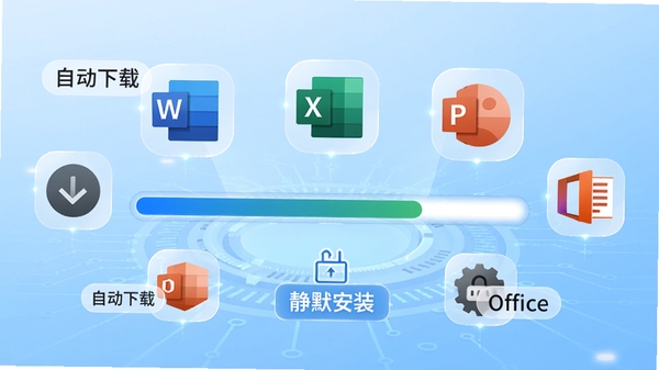 Office安装助手的一键安装过程示意图，画面展示进度条正在推进，周围环绕着Word、Excel、PowerPoint等Office组件的图标，背景为浅蓝色科技感渐变，配以“自动下载”、“静默安装”等字样标签，整体风格专业且直观，强调软件自动化处理能力