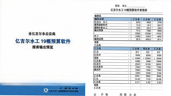 亿吉尔水工19概预算软件报表输出预览，展示包含封面、编制说明、汇总表的完整预算书样式，表格线条清晰，数据整齐