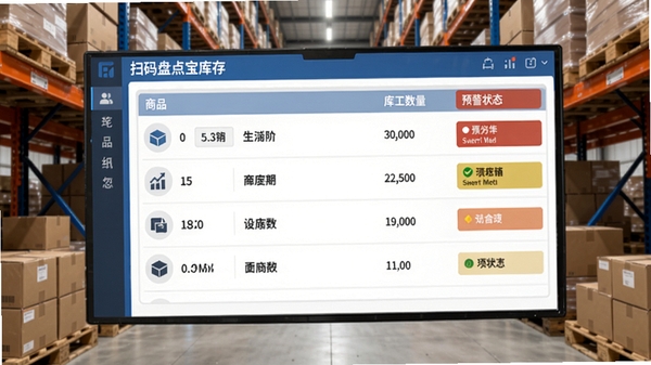 扫码盘点宝库存管理界面，显示商品列表、库存数量、预警状态，背景为仓库货架，界面简洁，数据清晰