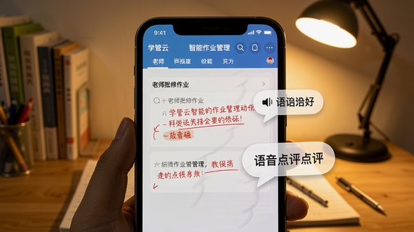 学管云智能作业管理功能界面,展示老师手机批改作业的截图,包含红色批注和语音点评气泡,背景是书桌和台灯,画面温暖真实