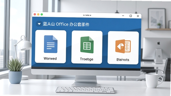 蓝山Office办公套件主界面预览图，展示文档、表格、演示三大模块的图标布局，背景为整洁的现代办公桌面，色调以蓝白为主，风格简洁明亮，突出软件的专业与高效。