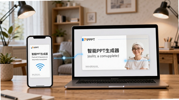 智能PPT生成器多设备同步功能示意，展示手机与笔记本电脑并排摆放，屏幕中显示同步完成的PPT文件，背景为居家办公环境，画面强调连接与便捷