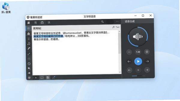 一张现代简洁的电脑桌面截图，画面中央是幂果文字转语音软件的主界面，左侧为文本输入区域，右侧为语音合成控制面板，背景为淡雅的浅蓝色渐变，整体风格干净明亮，突出软件的易用性与专业性，画面中无人物，无文字水印