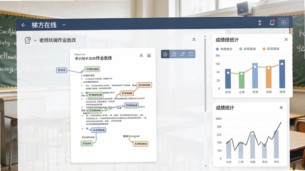 梯方在线-老师端作业批改界面，显示学生提交的试卷与批注工具，右侧是成绩统计图表，背景为明亮的教室一角，画面清晰，色彩自然。